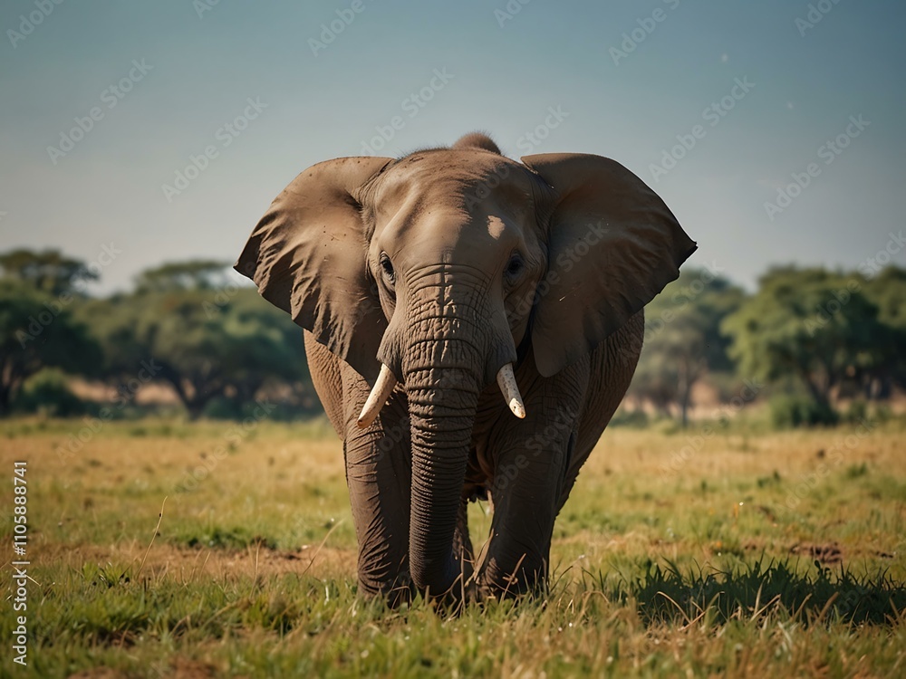 Cute elephant walking in a safari park meadow. Cute elephant walking in a safari park meadow.