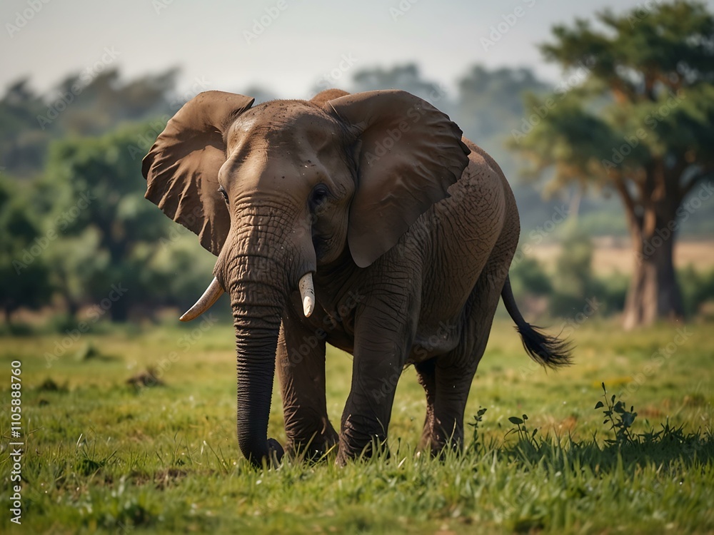 Fototapeta premium Cute elephant walking in a safari park meadow.