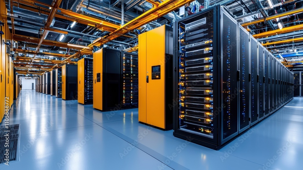Modern Data Center Interior with Rows of Network Server Racks Modern Data Center Interior with Rows of Network Server Racks