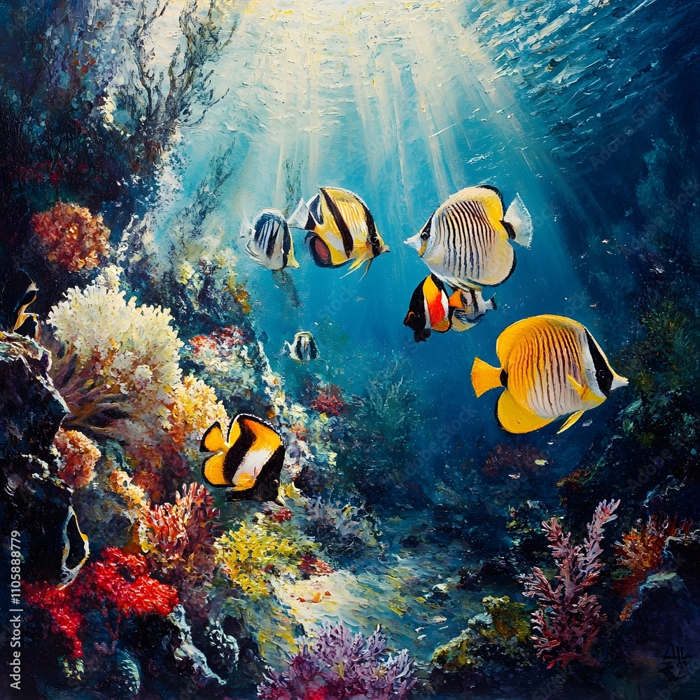 Fototapeta premium Diverse coral reef ecosystem supporting vibrant tropical fish communities