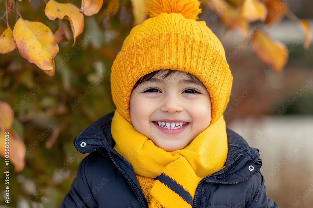 Smiling Child in Warm Yellow Hat and Scarf Against Autumn Leaves Smiling Child in Warm Yellow Hat and Scarf Against Autumn Leaves