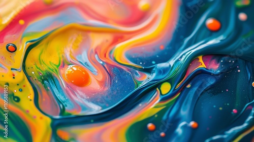 Abstract splashes of vibrant paint drips flowing in curved lines blending primary and neon colors with soft transitions creating a fluid motion across the canvas the colors mix 
with a glossy finish photo