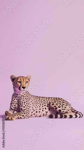 This stunning 3D rendering showcases a sleek cheetah lounging gracefully on a soft pink backdrop, highlighting its unique spots and powerful elegance. photo