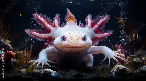 Albino Axolotl Underwater Portrait: A Captivating Close-Up in a Dark Aquarium AI Generated photo