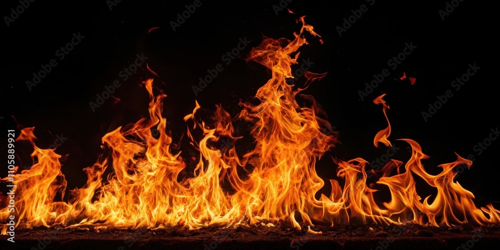Fototapeta premium Fiery Inferno A Dramatic Display of Vivid Orange and Yellow Flames Against a Pitch Black Background