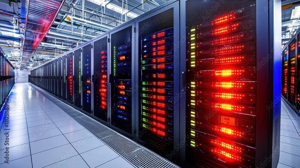 Server Room with Colorful Lights and Modern Data Storage Systems Server Room with Colorful Lights and Modern Data Storage Systems