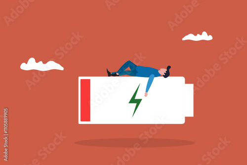 Businessman lying on low battery. concept of Burnout, overload