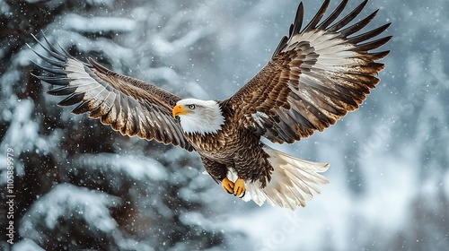 Majestic Eagle Soaring High Above Snowy Mountain Landscape with Outstretched Wings photo