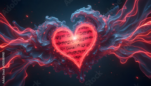 Glowing heart shape with musical notes surrounded by swirling colorful waves 