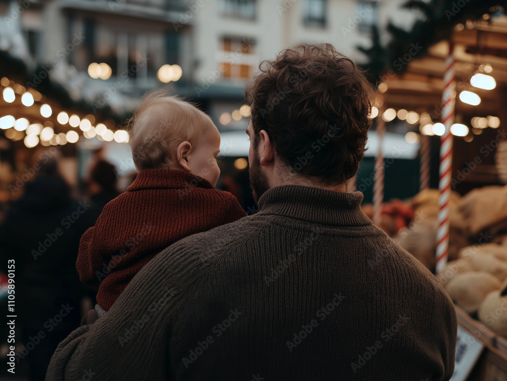 A loving father carrying his child at a bustling outdoor holiday market, surrounded by festive lights and cozy atmosphere.
A loving father carrying his child at a bustling outdoor holiday market, surrounded by festive lights and cozy atmosphere.