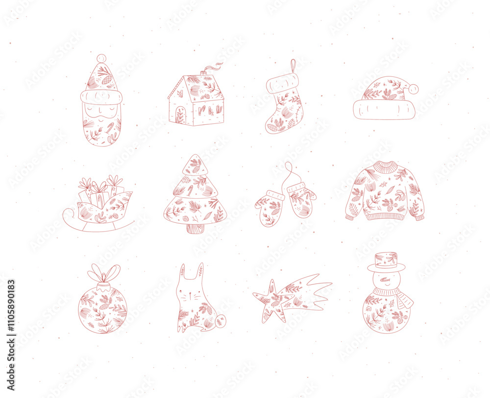 Christmas symbol collection with santa, house, sock, hat, sleigh, gifts, tree, gloves, sweater, tree toy, rabbit, star, snowman drawing in floral art style with red on beige background