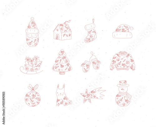 Obraz na płótnie Christmas symbol collection with santa, house, sock, hat, sleigh, gifts, tree, gloves, sweater, tree toy, rabbit, star, snowman drawing in floral art style with red on beige background w salonie