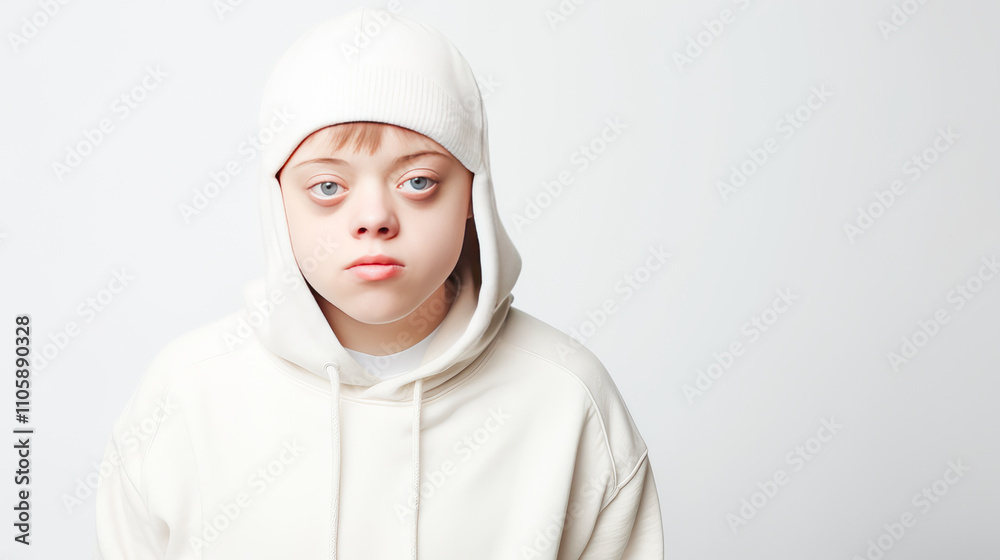 Portrait of smiling laughing teenager guy with Down syndrome white background. Portrait of smiling laughing teenager guy with Down syndrome white background.