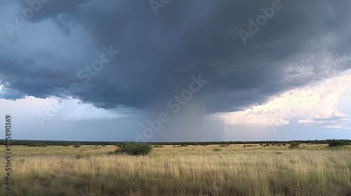 Stormy Sky Over Grassland Lightning Strikes