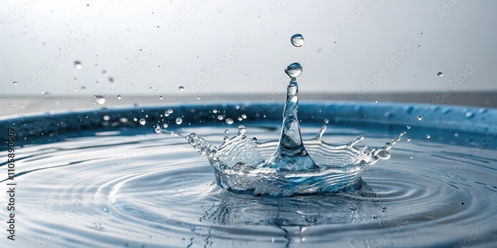 A single droplet of water impacting a still surface, creating a crown-shaped splash with radiating ripples and airborne droplets. A single droplet of water impacting a still surface, creating a crown-shaped splash with radiating ripples and airborne droplets.