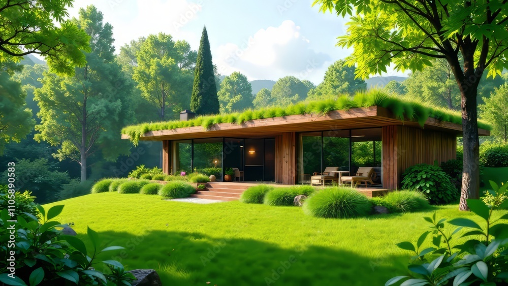 Eco-Friendly Home, Green Grass, Lush Landscaping, Sustainable Living, Modern Design Eco-Friendly Home, Green Grass, Lush Landscaping, Sustainable Living, Modern Design