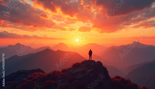 Silhouette of a person standing on a mountain peak at sunset with vibrant sky colors