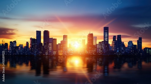 Stunning Sunset Over Urban Skyline with Reflections on Water