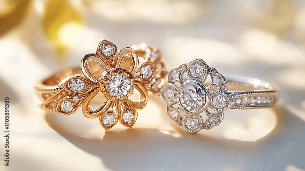 Fototapeta premium Exquisite Collection of Luxurious Engagement Rings with Elegant Diamond Designs