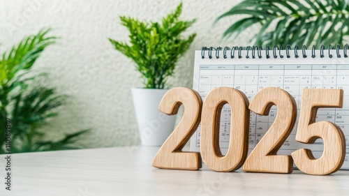 2025 wooden text calendar display home office desk decor minimalist environment modern viewpoint new year concept