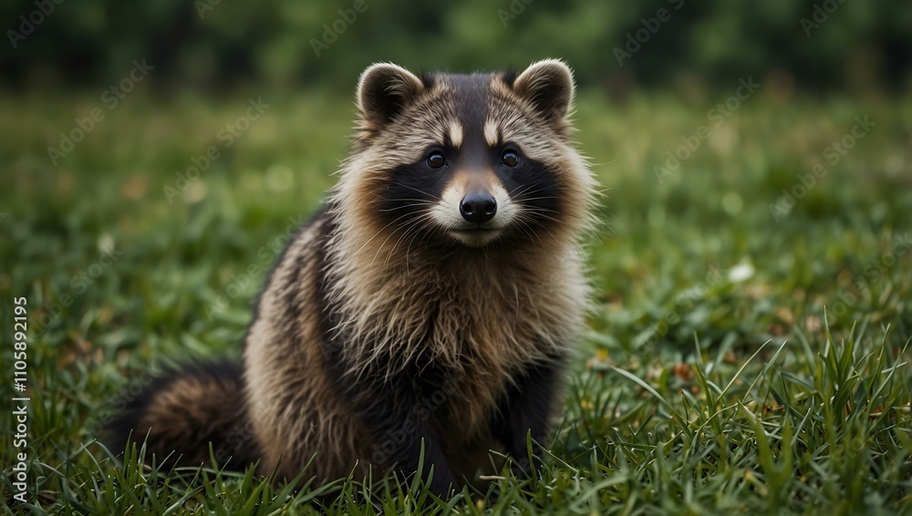 Obraz premium Cute raccoon dog sitting in green grass.
