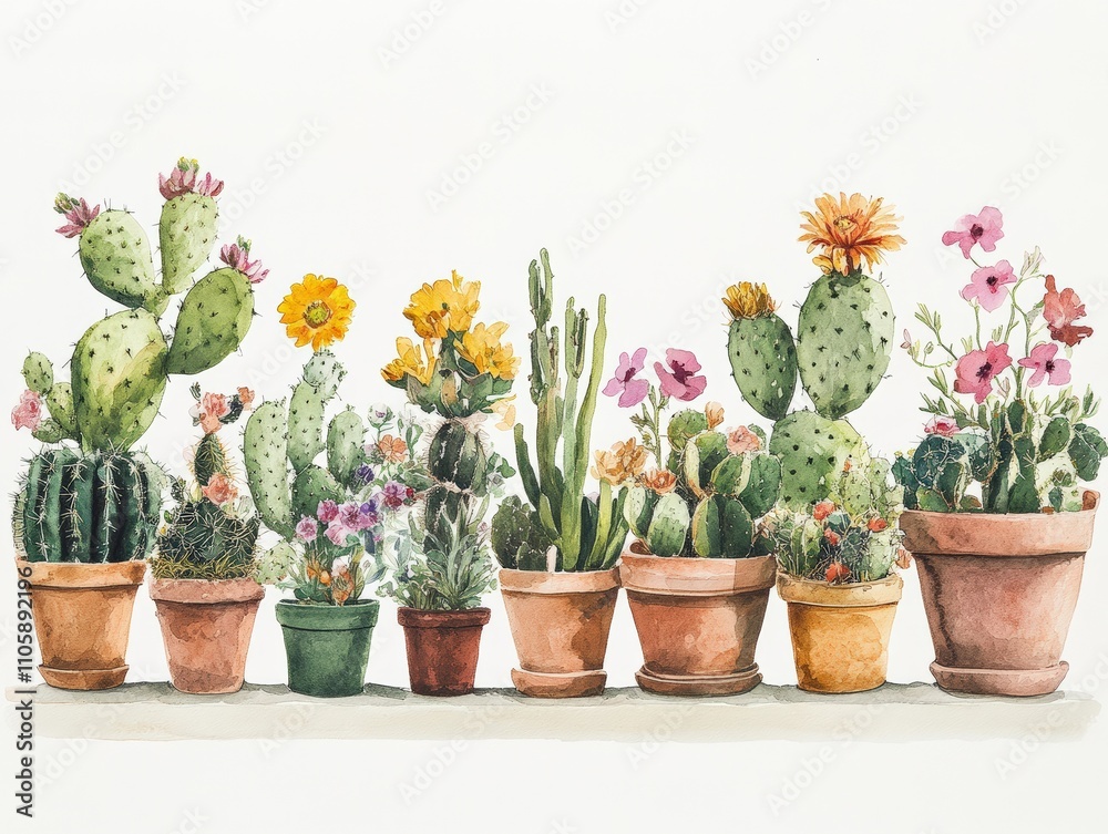 Watercolor Cacti in Terracotta Pots Watercolor Cacti in Terracotta Pots