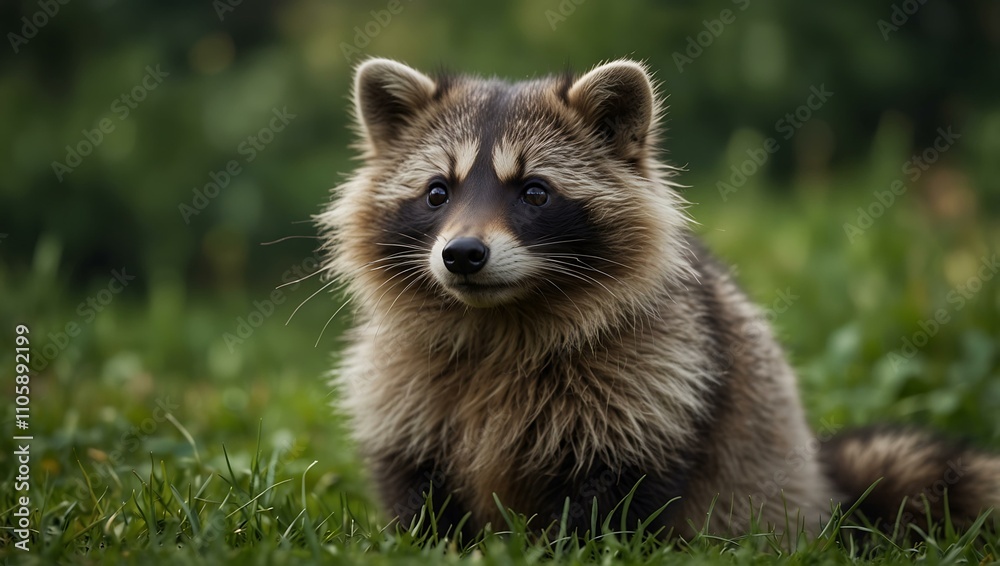 Obraz premium Cute raccoon dog sitting in green grass.