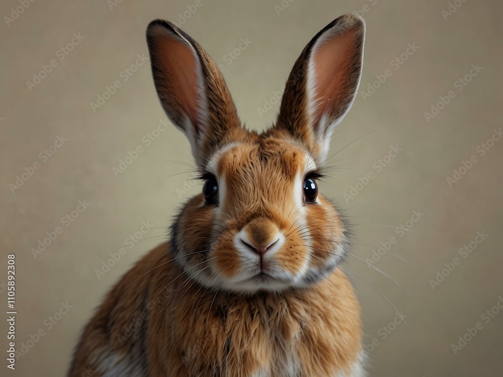 Cute realistic rabbit with large ears on a neutral background.