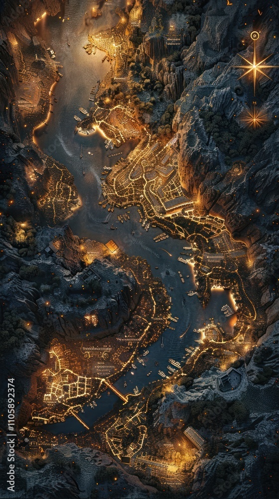 Fototapeta premium Fantastical fiery cityscape set in a dramatic cosmic landscape with glowing lights celestial atmosphere and a sense of power and intensity The scene evokes a futuristic sci fi