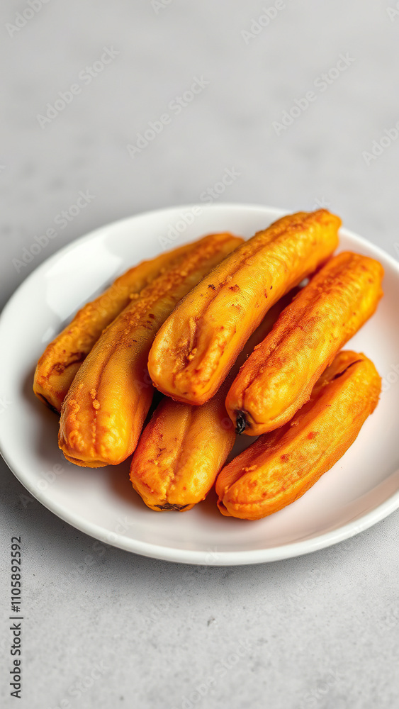 Fried sweet plantains on a plate, caramelized and golden brown with a crispy exterior giving way to a soft and creamy interior, savory dish, yellow food Fried sweet plantains on a plate, caramelized and golden brown with a crispy exterior giving way to a soft and creamy interior, savory dish, yellow food
