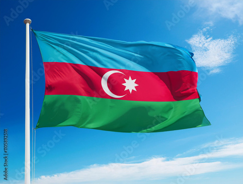 Azerbaijan flag waving in the wind against a blue sky background