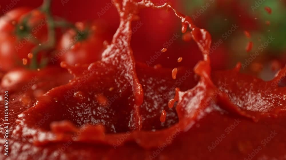 Super Slow Motion Shot of Fresh Tomato Falling and Splashing into Sauce at 1000fps.