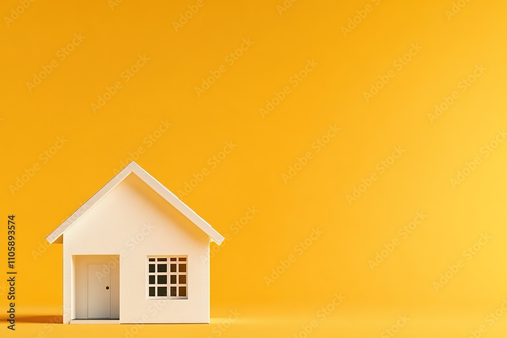 Minimalist house model on vibrant yellow background Minimalist house model on vibrant yellow background