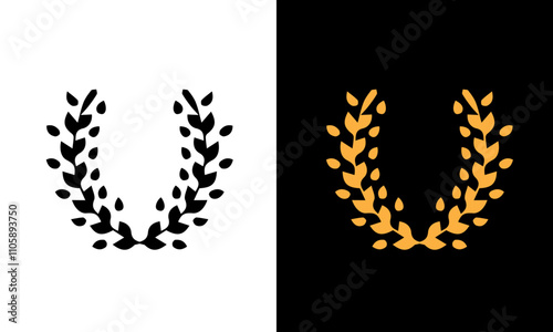 Golden and black laurel silhoutte wreath vector. Trophy, award, champion, competition concept badge, golden branch with leaves. Black circular foliate laurels with stars icon vector