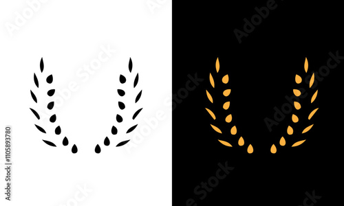 Golden and black laurel silhoutte wreath vector. Trophy, award, champion, competition concept badge, golden branch with leaves. Black circular foliate laurels with stars icon vector