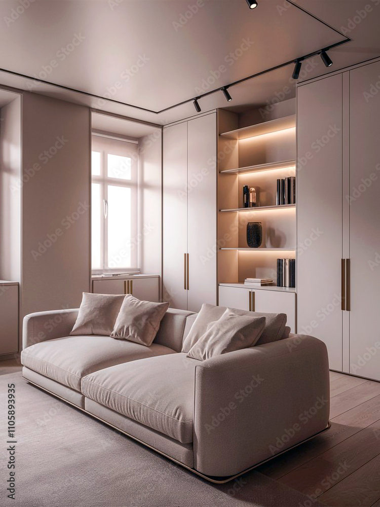 Fototapeta premium Spacious living room with high ceilings elegant finishes and a functional yet stylish layout.