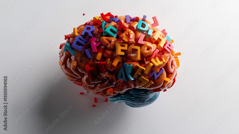Colorful Letters Exploding from a Brain: A 3D Rendering of the Mind's Creative Power Colorful Letters Exploding from a Brain: A 3D Rendering of the Mind's Creative Power