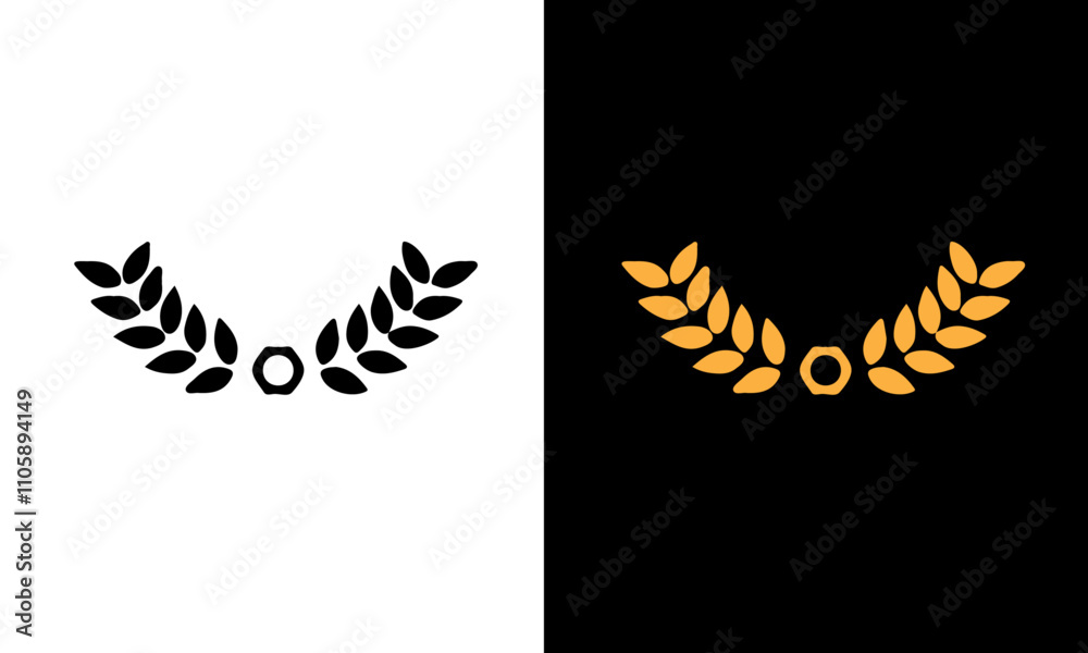 Golden and black laurel silhoutte wreath vector. Trophy, award, champion, competition concept badge, golden branch with leaves. Black circular foliate laurels with stars icon vector Golden and black laurel silhoutte wreath vector. Trophy, award, champion, competition concept badge, golden branch with leaves. Black circular foliate laurels with stars icon vector