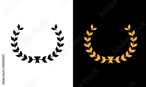 Golden and black laurel silhoutte wreath vector. Trophy, award, champion, competition concept badge, golden branch with leaves. Black circular foliate laurels with stars icon vector