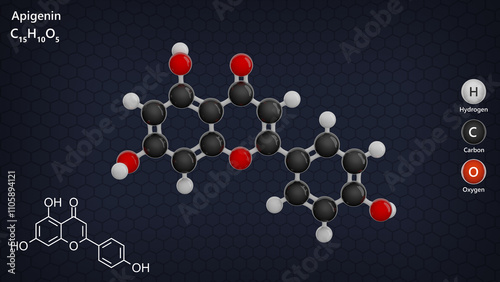 Molecule: Apigenin. Molecular structure. Formula: C15H10O5. Chemical model: Ball and stick. Dark background. 3D illustration.