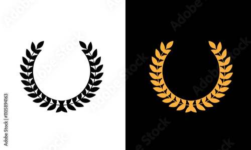 Golden and black laurel silhoutte wreath vector. Trophy, award, champion, competition concept badge, golden branch with leaves. Black circular foliate laurels with stars icon vector