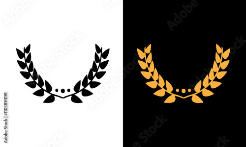 Golden and black laurel silhoutte wreath vector. Trophy, award, champion, competition concept badge, golden branch with leaves. Black circular foliate laurels with stars icon vector