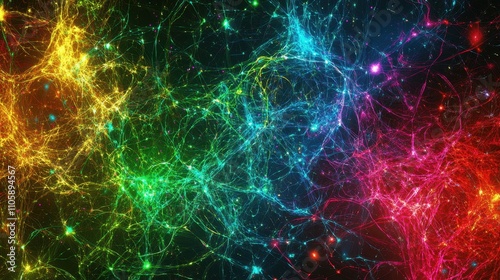 Entangled particles represented in radiant colors, illustrating the concept of quantum teleportation and instantaneous communication