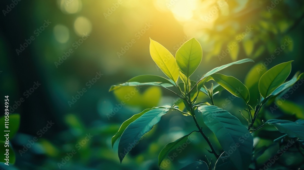 Sunlit leaves in a tranquil forest setting. Sunlit leaves in a tranquil forest setting.