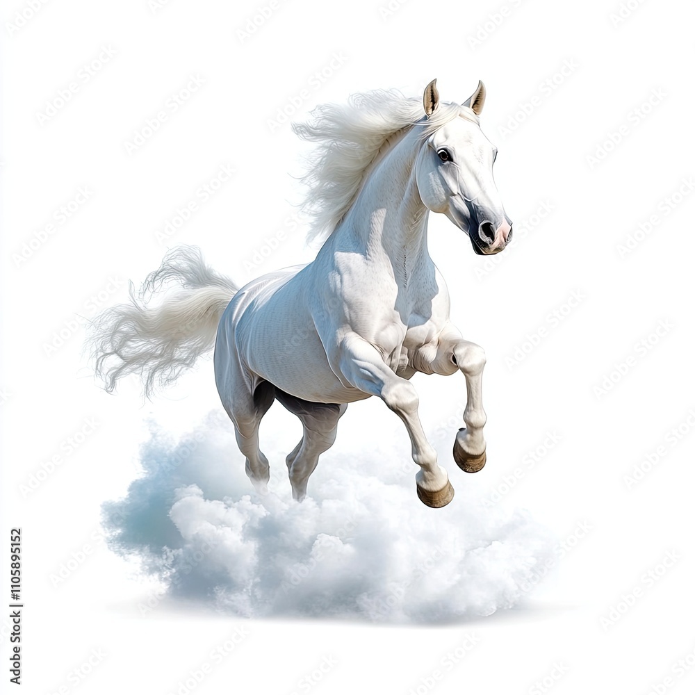 Obraz premium Majestic White Horse Galloping Through Soft Clouds with Graceful Mane Flowing in the Wind Against a Clean White Background