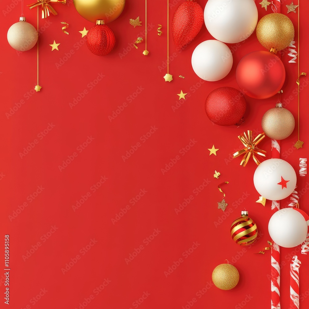 Festive Red Background with Gold and White Christmas Ornaments, Baubles, Stars, and Ribbons Creating a Cheerful Holiday Decoration Theme for Celebrations and Events Festive Red Background with Gold and White Christmas Ornaments, Baubles, Stars, and Ribbons Creating a Cheerful Holiday Decoration Theme for Celebrations and Events