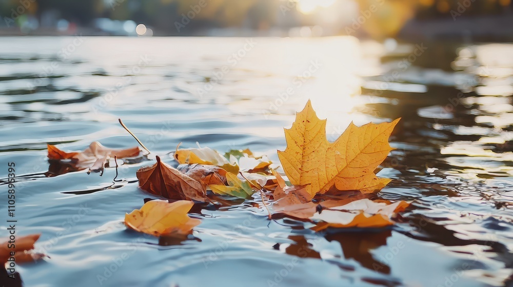 Autumn Leaves Floating on Calm Water in Soft Golden Light Autumn Leaves Floating on Calm Water in Soft Golden Light