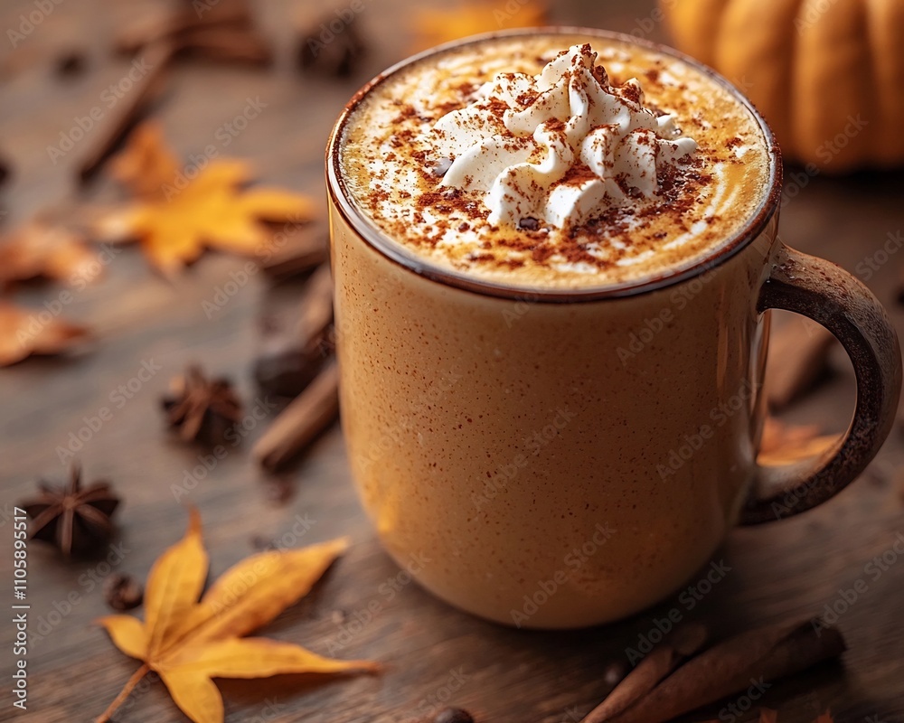 Steaming Pumpkin Spice Latte on Rustic Autumn Tablescape Steaming Pumpkin Spice Latte on Rustic Autumn Tablescape