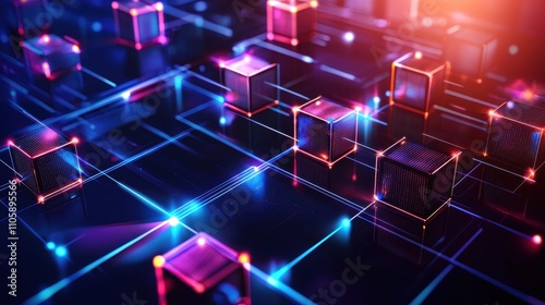 Abstract Digital Network with Glowing Blocks and Lines in Blue