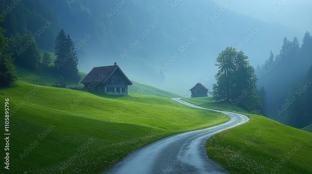 Winding road leading to picturesque houses in green misty hills Winding road leading to picturesque houses in green misty hills